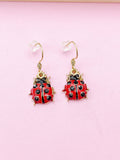 Gold Red Ladybug Earrings, Cute Red Black Ladybug Insect Dangle or Buggies Hoop Earrings, N3242