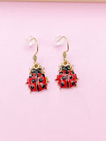 Gold Ladybug Dangle Earrings, Red Enamel Insect Charm