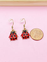 Gold Red Ladybug Earrings, Cute Red Black Ladybug Insect Dangle or Buggies Hoop Earrings, N3242