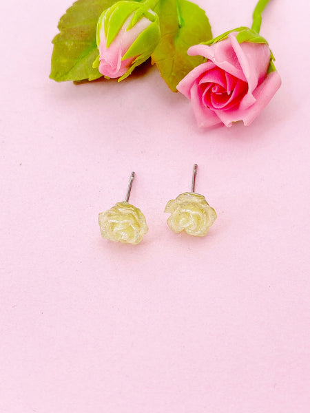 Rose Earrings, Yellow Flower Silver Stud Earrings, Surgical Stainless Steel, N5694C