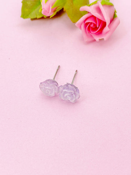 Rose Earrings, Purple Flower Silver Stud Earrings, Surgical Stainless Steel, N5694D