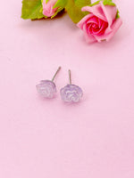 Rose Earrings, Purple Flower Silver Stud Earrings, Surgical Stainless Steel, N5694D