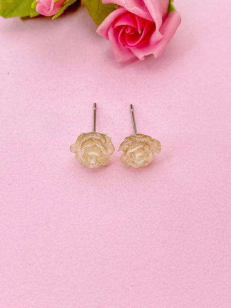 Rose Stud Earrings, Orange Flower, Surgical Stainless Steel, N5694E