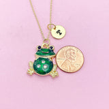 Gold Green Frog Charm Necklace, N854B