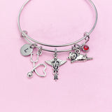 Silver Cute Cat Stethoscope Caduceus Charm Bracelet, Veterinary Technician Bracelet, N4963A