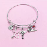 Silver Cute Cat Stethoscope Caduceus Charm Bracelet, Veterinary Technician Bracelet, N4963A
