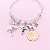 Silver Dog Stethoscope Caduceus Charm Bracelet, Veterinary Bracelet, N4963B