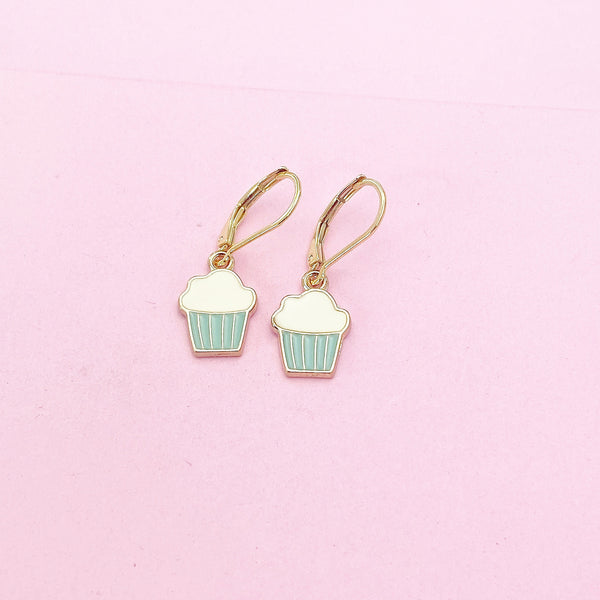 Gold Blue Cupcake Charm Earrings, Bakery Shop Jewelry Gifts, N3219A