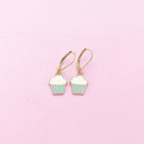 Gold Blue Cupcake Charm Earrings, Bakery Shop Jewelry Gifts, N3219A
