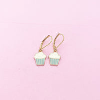 Gold Blue Cupcake Charm Earrings, Bakery Shop Jewelry Gifts, N3219A
