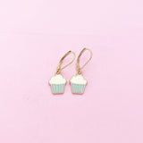 Gold Blue Cupcake Charm Earrings, Bakery Shop Jewelry Gifts, N3219A