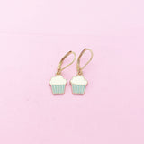 Gold Blue Cupcake Charm Earrings, Bakery Shop Jewelry Gifts, N3219A