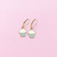 Gold Blue Cupcake Charm Earrings, Bakery Shop Jewelry Gifts, N3219A