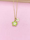 Gold Green Sakura Cherry Blossom Flower Charm Necklace, N5678
