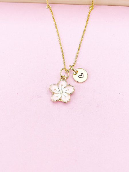 Gold Pink Sakura Cherry Blossom Flower Charm Necklace, N5679