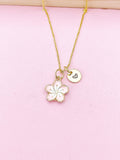 Gold Pink Sakura Cherry Blossom Flower Charm Necklace, N5679