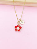 Gold Red Sakura Cherry Blossom Flower Charm Necklace, N5682