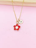 Gold Red Sakura Cherry Blossom Flower Charm Necklace, N5682