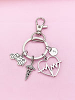 Ambulance Caduceus Heartbeat Charm Keychain, N1981