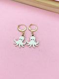 Gold Octopus Dangle Earrings, Sea Blue Enamel Jewelry
