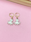 Gold Octopus Dangle Earrings, Sea Blue Enamel Jewelry