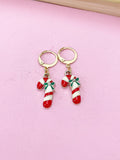 Gold Candy Cane Christmas Earrings, Holiday Sweet Jewelry