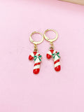 Gold Candy Cane Charm Earrings, Green Red Christmas Candy Cane Earrings, Sweet Jewelry Gift, N3168H