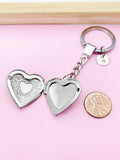 Silver Heart Locket Keychain, Initial Charm, Photo Keepsake