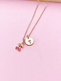 Rose Gold Cherry Necklace, Hot Pink Charm, Initial Pendant