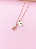 Rose Gold Cherry Necklace, Hot Pink Charm, Initial Pendant