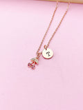 Rose Gold Cherry Necklace, Hot Pink Charm, Initial Pendant