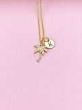 Gold Palm Tree Initial Necklace, Tropical Charm Necklace