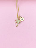 Gold Palm Tree Initial Necklace, Tropical Charm Necklace