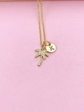 Gold Palm Tree Initial Necklace, Tropical Charm Necklace