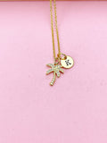 Gold Palm Tree Initial Necklace, Tropical Charm Necklace