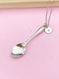 Silver Spoon Necklace, Personalized Initial Charm, Alloy Pendant