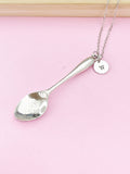 Silver Spoon Necklace, Personalized Initial Charm, Alloy Pendant