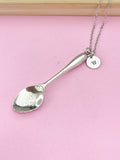 Silver Spoon Necklace, Personalized Initial Charm, Alloy Pendant