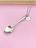 Silver Spoon Necklace, Personalized Initial Charm, Alloy Pendant