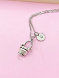 Silver Bucket Charm Necklace, Personalized Initial, Stainless Steel Chain