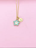 Gold Blue Sakura Cherry Blossom Flower Charm Necklace, N5683B