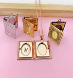 Book Locket Charm Necklace, Gold, Rose Gold, Silver and Bronze in Option, D459