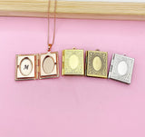 Book Locket Charm Necklace, Gold, Rose Gold, Silver and Bronze in Option, D459