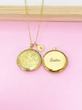 Gold Flower Locket Necklace, Engraved Sister Charm