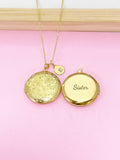 Gold Flower Locket Necklace, Engraved Sister Charm