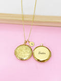 Gold Flower Locket Necklace, Engraved Sister Charm