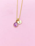 Gold Natural Amethyst Charm Necklace Gemstone February Birthday Gifts Ideas Personalized Customized Made to Order, N5514