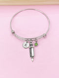 Silver Syringe Charm Bracelet, Medical Gift, Initial Bangle