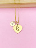 Rx Heart Charm Gold Necklace, Silver Option, D464