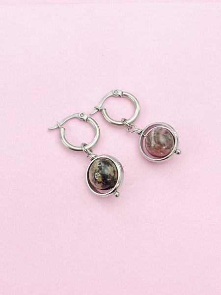 Silver Rhodonite Earrings, Natural Gemstone Jewelry N3968A